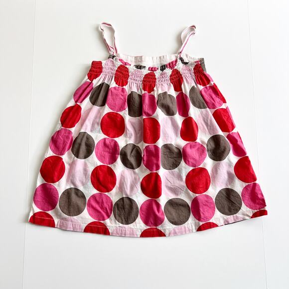 [Mini Boden] Pink Red Polka Dot Sleeveless Tank Top Front Pockets Smocked Sz 3-4 - Picture 2 of 10